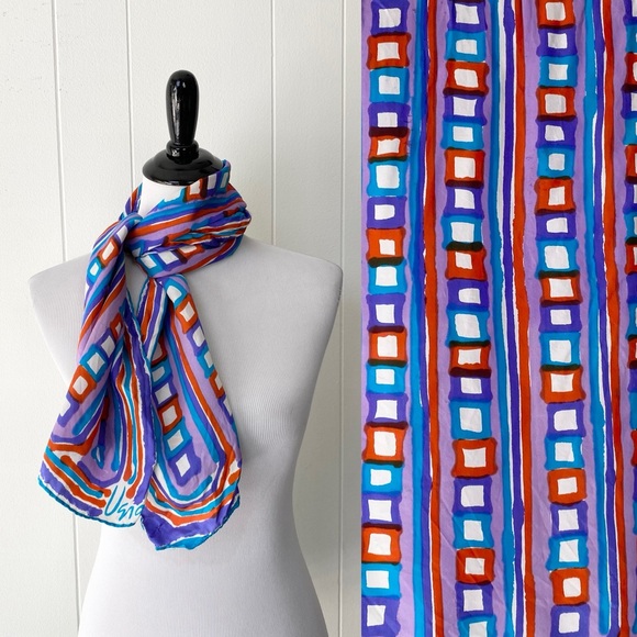VTG Vera Neumann Japan Silk Rayon Scarf Geometric Purple Blue Hand Rolled Flaws* - Picture 1 of 16